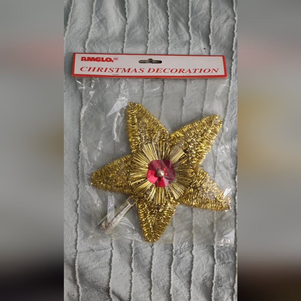 Gold Star Christmas Holiday Tree Topper with Red Accent Amglo